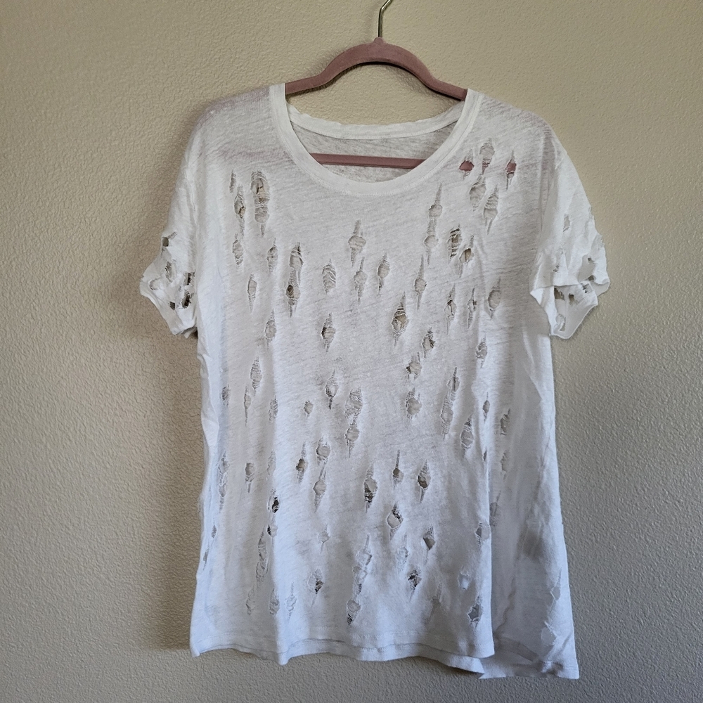 Iro White Distressed Linen Tee Shirt sz L